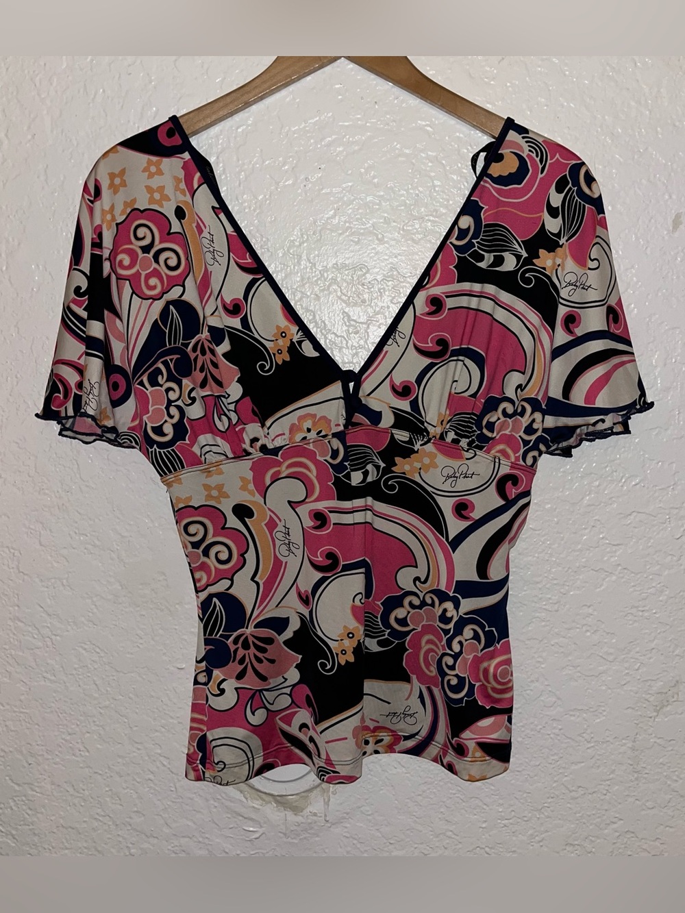 Baby Phat vintage y2k deep V blouse pink black swirl print size XL